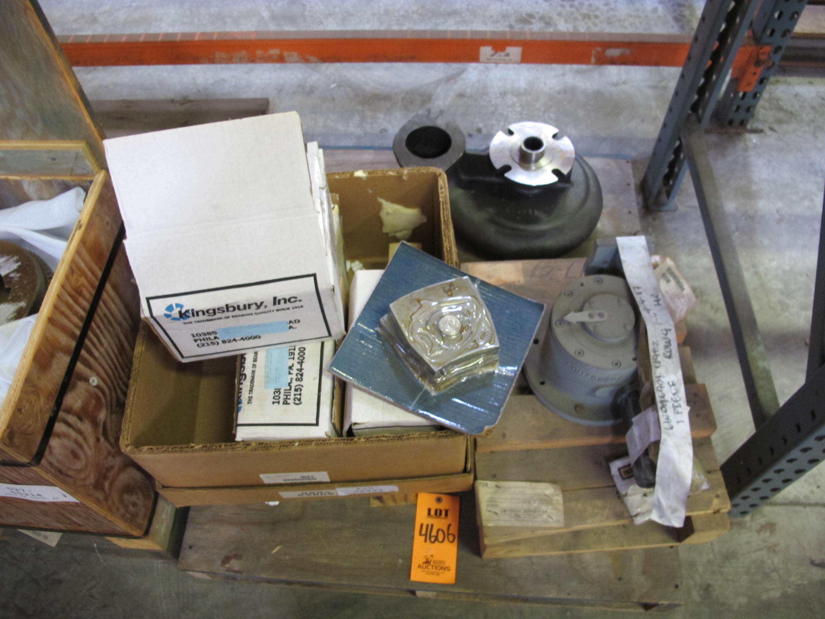 LOT TO INCLUDE: (4 BOXES, 2 PER BOX) KINGSBURY INC THRUST SHOES, OPERATOR, MANUAL KIND. VITON SEALS AND ELECTRIC ACTUATOR ADAPTER TYPE HOBC, (1) COUPLING, (1) COUPLING. TROLLEY WHEEL AXLE AND FLOATING SHAFT, 1ST HUB BORE 4.6215" (+0.0015"/-0.0000"), 1-1/4" X 5/8" KEYWAY, 2ND HUB BORE 3.9975" (+0.001"/-0.000"). LOADING & HANDLING FEE $15-4606
